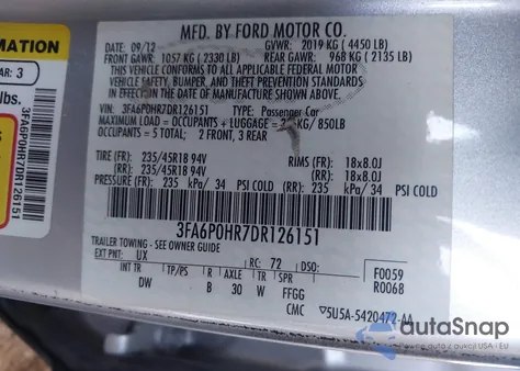 2013 Ford Fusion Se from USA, damaged, VIN 3FA6P0HR7DR126151